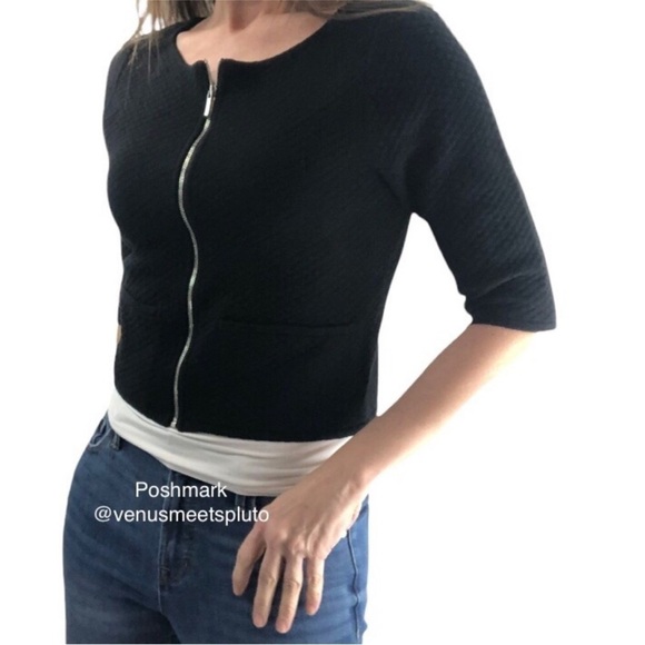 Damask Sweaters - Damask Knitwear Cardigan Sz XS Crop Quilted 3/4 sleeve zip knit blazer black